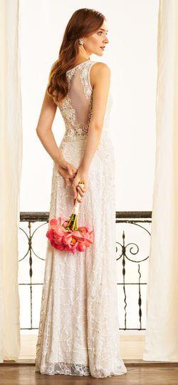 زفاف - Floral Organza Dress With Sheer Neckline And Open Back