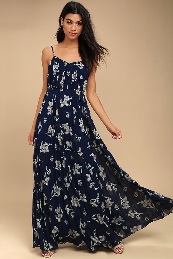 Mariage - Memorable Night Navy Blue Floral Print Maxi Dress