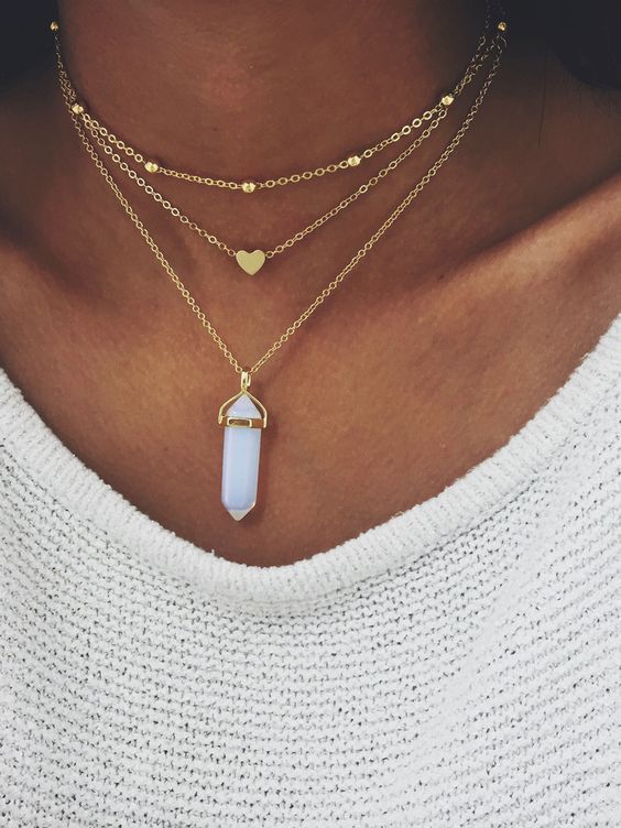 زفاف - Opal Crystal 3 Layered Necklace - Gold - Opal