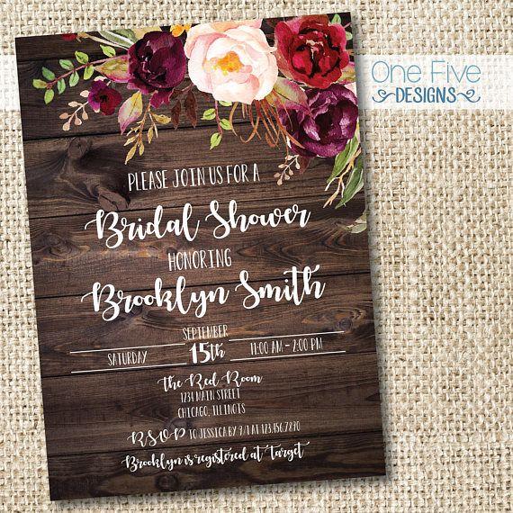 Hochzeit - Rustic Country Chic Wood Flowers Burgundy Blush Maroon Pink Bridal Shower Invitation - Printable (5x7)