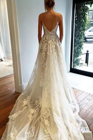 Wedding - Deep V Neck Wedding Dress,Lace Wedding Dress,Spaghetti Straps Beach Wedding Dress N74