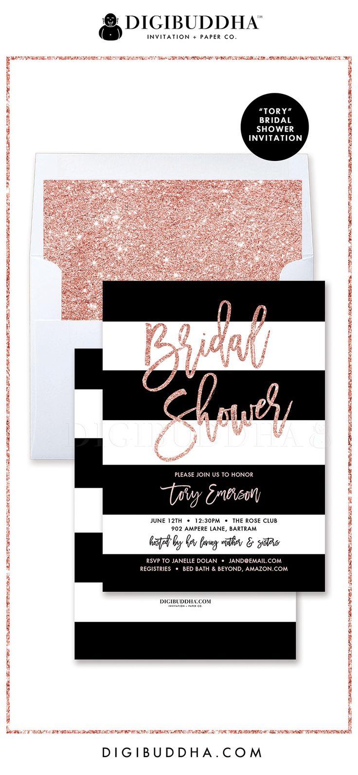 Wedding - BRIDAL SHOWER INVITATION Black & White Bridal Shower Invite Blush Pink Glitter Stripe Modern Printed Printable Bridal Shower Invites - Tory