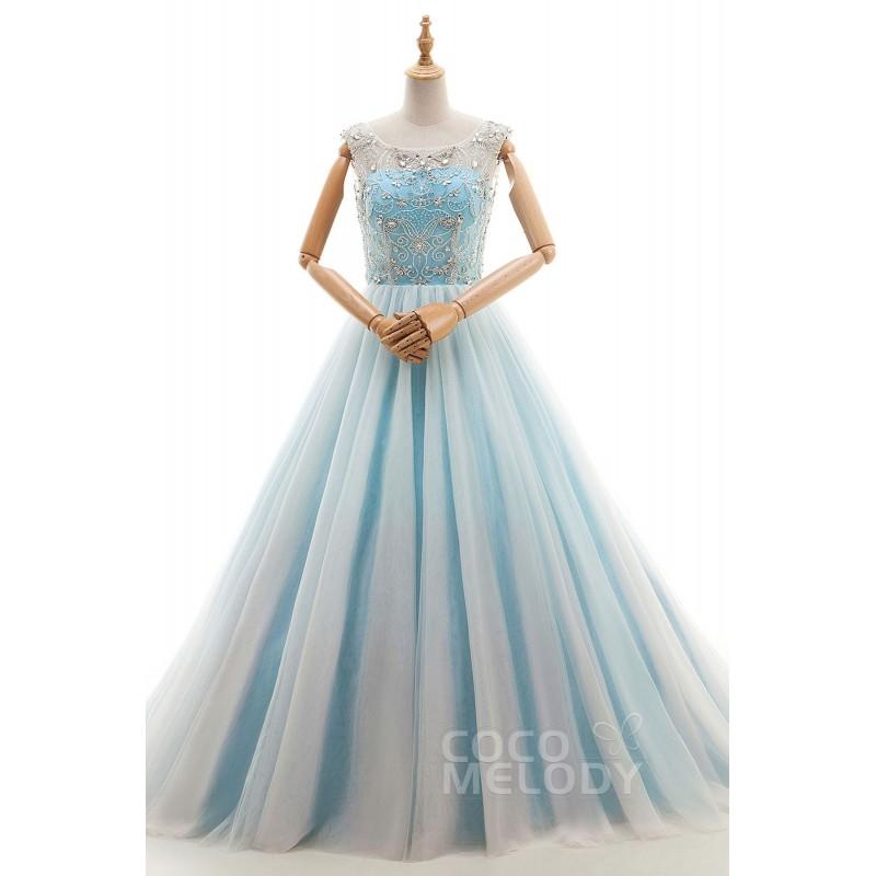 زفاف - Trendy A-Line Illusion Natural Court Train Tulle Blue Glow Sleeveless Lace Up-Corset Evening Dress with Beading - Top Designer Wedding Online-Shop