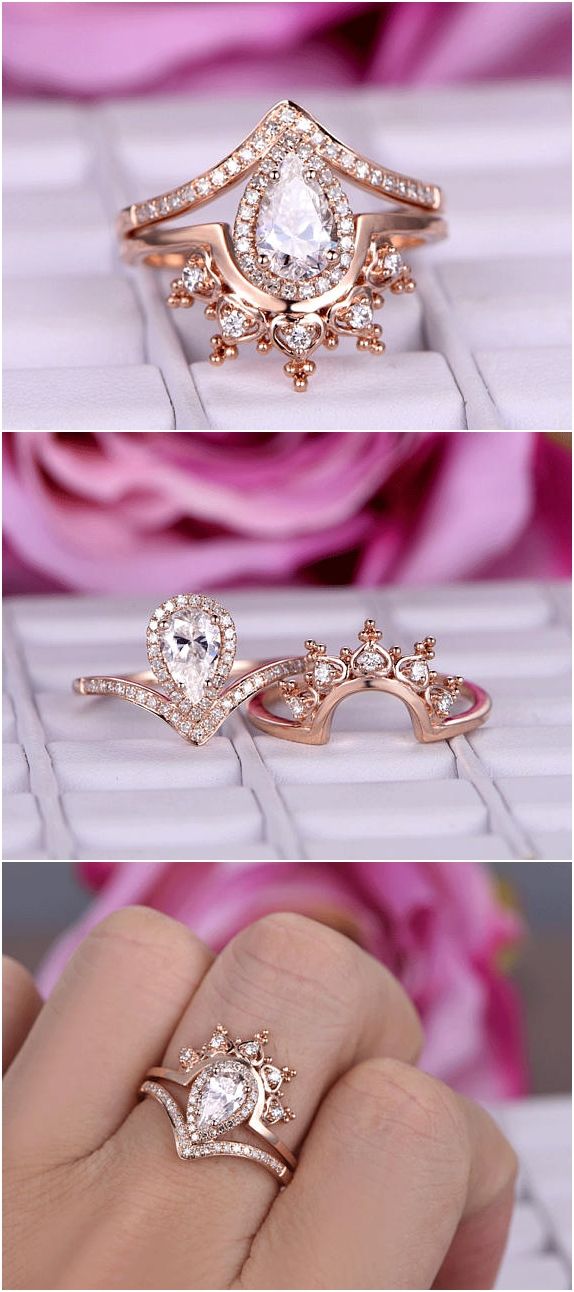Hochzeit - 2pcs Brilliant Moissanite Ring Sets/Diamond Engagement Ring In 14k Rose Gold/Curved Crown Band/Bridal Wedding Ring/Crown Moissanite Ring