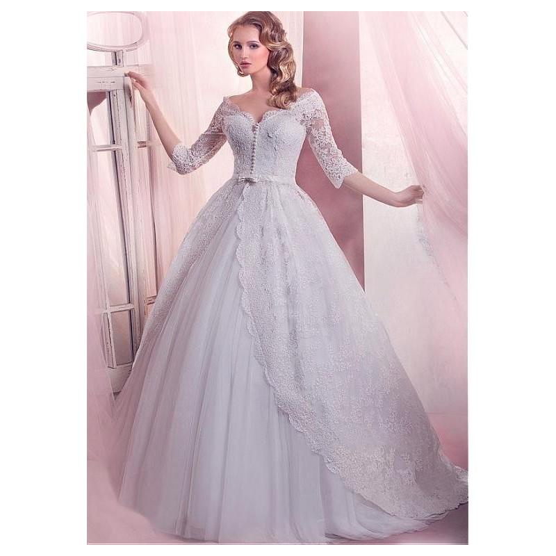 زفاف - Fabulous Lace 3/4 Length Sleeves Ball Gown Wedding Dress With Lace Appliques - overpinks.com