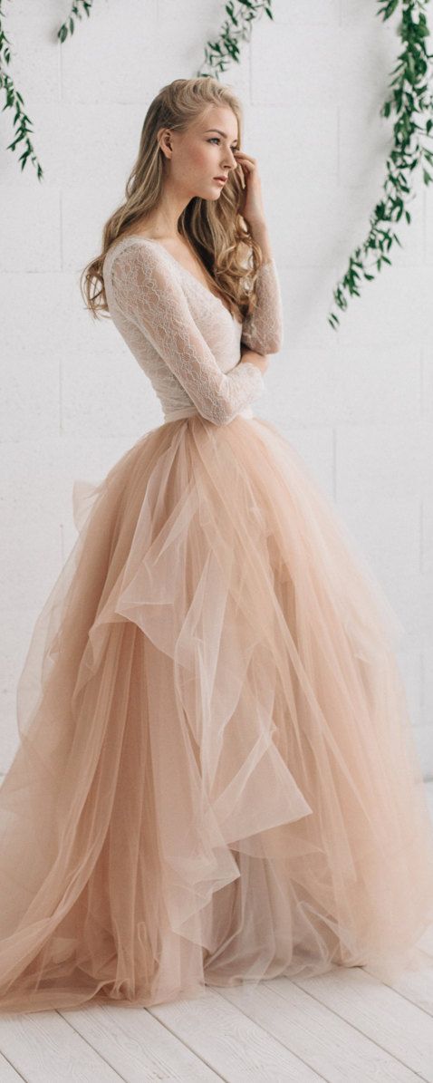Wedding - Wedding Dress , Champagne Nude Ivory Bridal Dress, Two Piece Wedding Dress, Alternative Wedding Dress , Long Sleeve Tulle Dress - MELANIE
