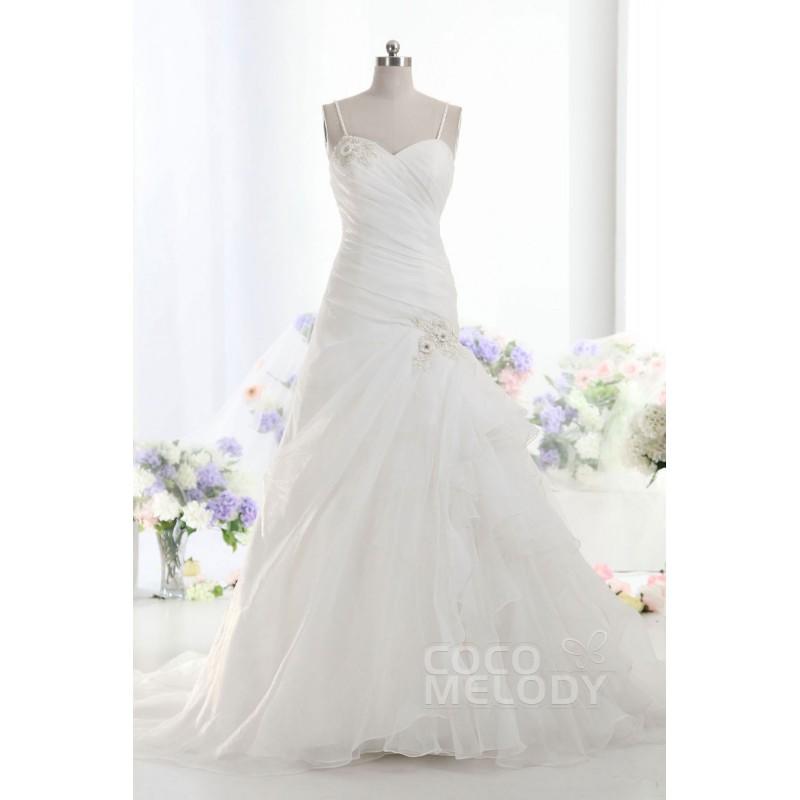 Hochzeit - Luxurious A-Line Spaghetti Strap Train Organza Ivory Sleeveless Lace Up-Corset Wedding Dress LD1738 - Top Designer Wedding Online-Shop