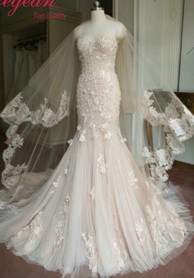 Mariage - Blush Bridal Dress Long Sleeve Bolero Lace Mermaid Wedding Dresses 3D Flowers
