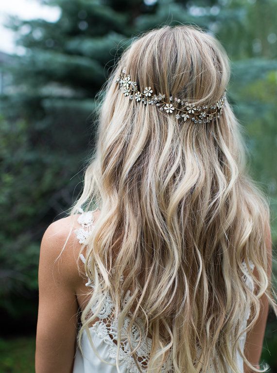 Hochzeit - Boho Gold Hair Flower Half Halo Hair Vine, Gold Hair Wreath, Forehead Band, Gold Wedding Flower Hair Vine, Boho Wedding Headpiece - 'NOMI