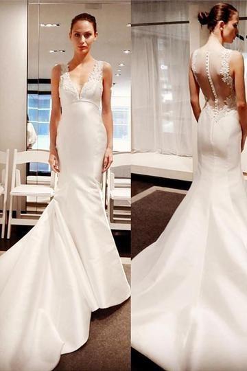 زفاف - Sleeveless Button Mermaid Gorgeous V-Neck Lace Wedding Dress TA0082