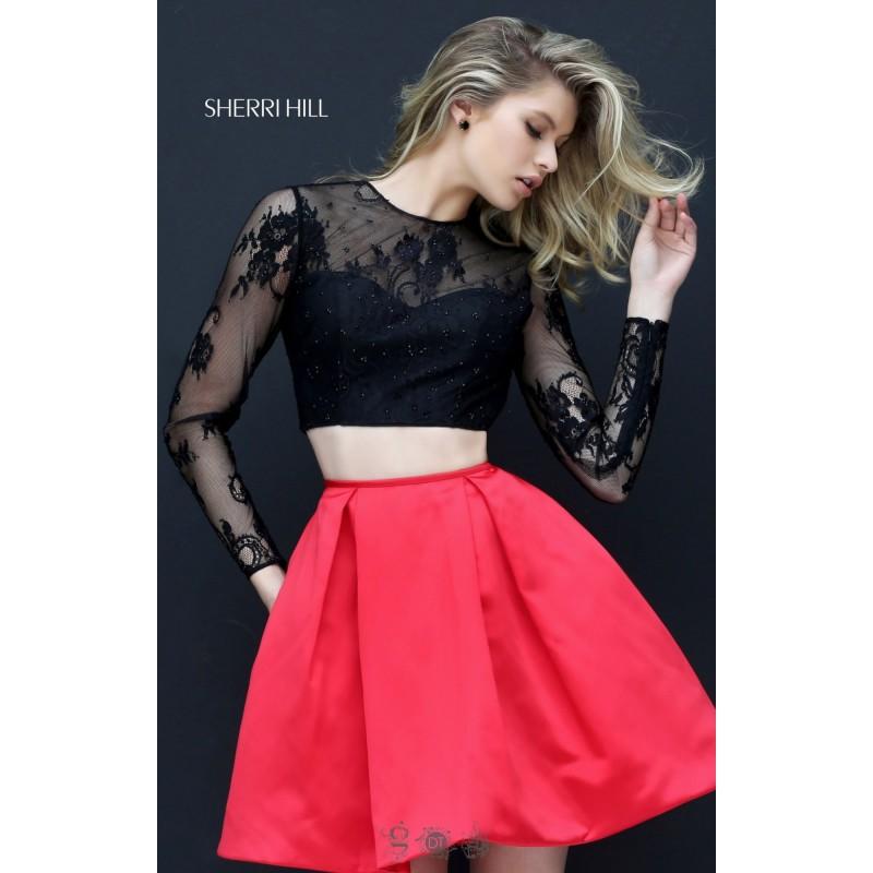 زفاف - Black/Red Sherri Hill 50533 - 2-piece Sleeves Short Lace Open Back Dress - Customize Your Prom Dress