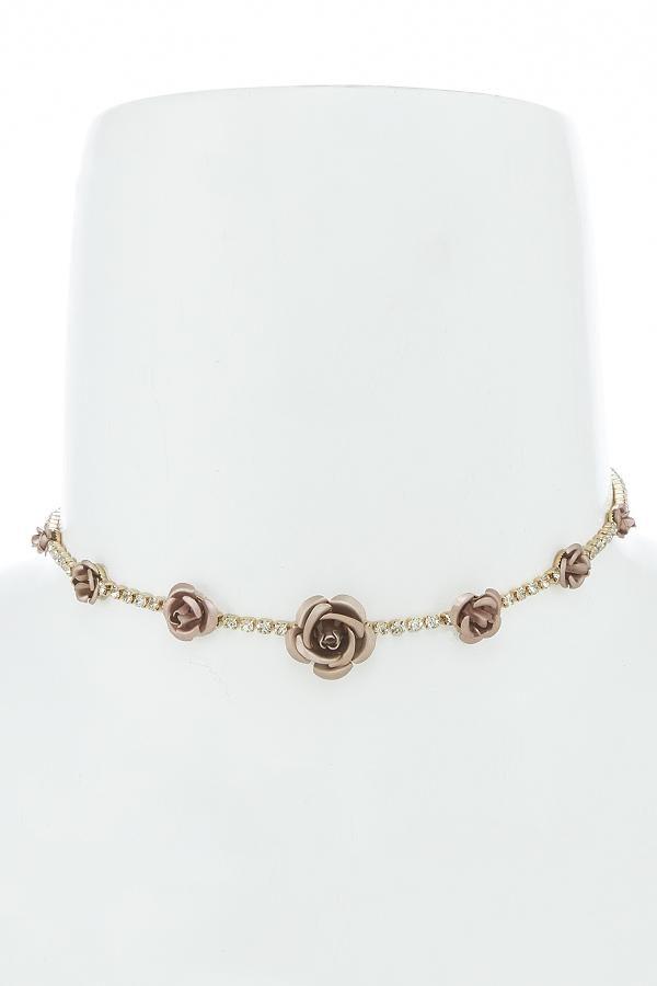 زفاف - Vintage Faux Pearl & Rose Gold Roses Wedding Choker Necklace