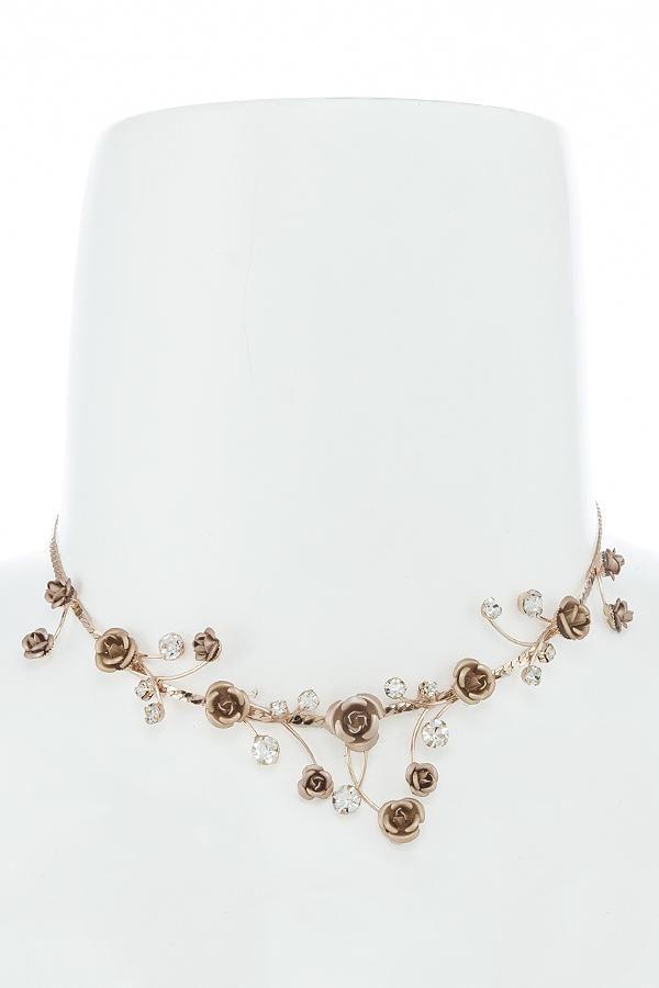 زفاف - Vintage Faux Pearl & Rose Gold Floral Wedding Choker Necklace