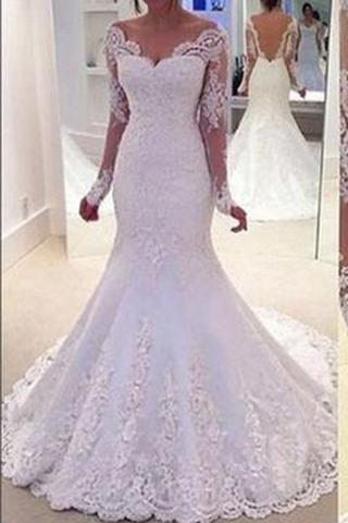 Wedding - Long Sleeves Mermaid Lace Off-the-Shoulder Long Wedding Dress BA37