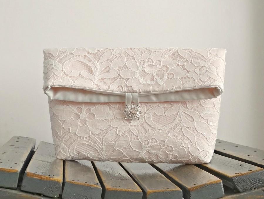 Wedding - Blush Pink/Ivory Lace Fold Over Bridal Clutch with Crystal Button, Lace Bridesmaid Purse, Blush Wedding Clutch
