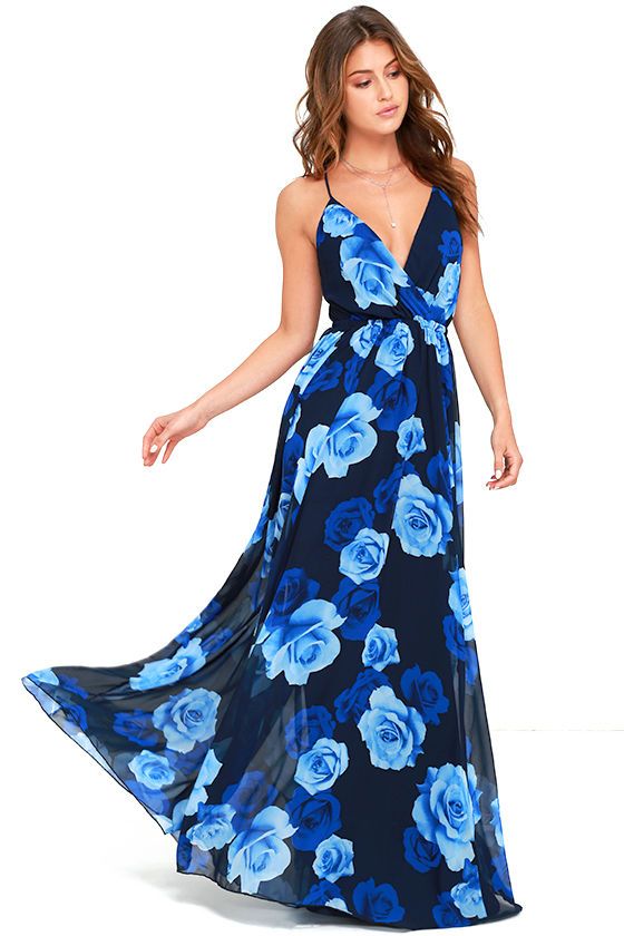 زفاف - Only In Dreams Navy Blue Floral Print Maxi Dress