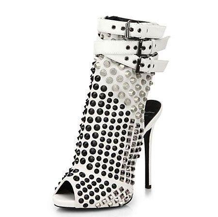 Mariage - White Rivets Buckles Peep Toe Ankle Boots