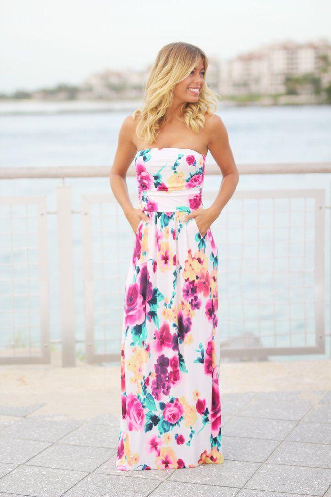 Wedding - Ivory Floral Maxi Dress With Pockets