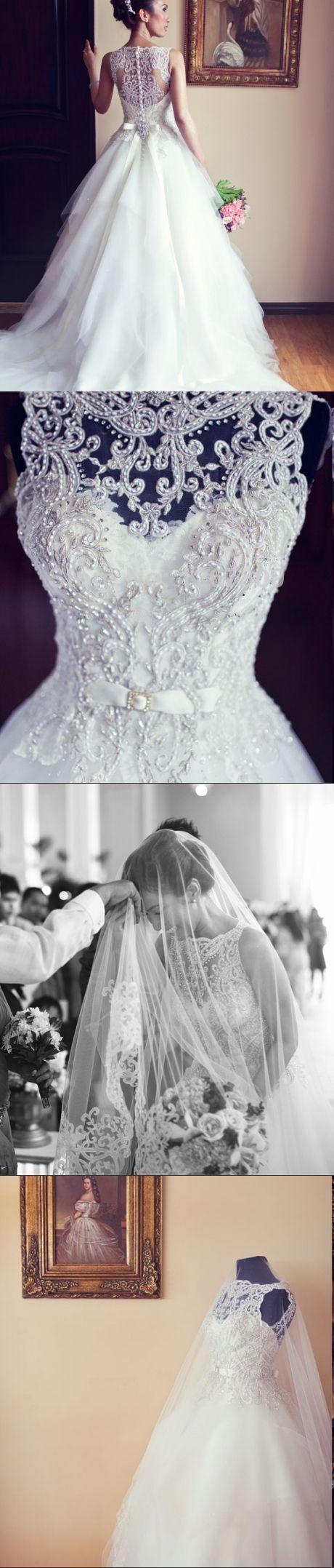 Hochzeit - Flare White Wedding Dress,Beading Sleeveless Bridal Dress,See Through Back Wedding Dress