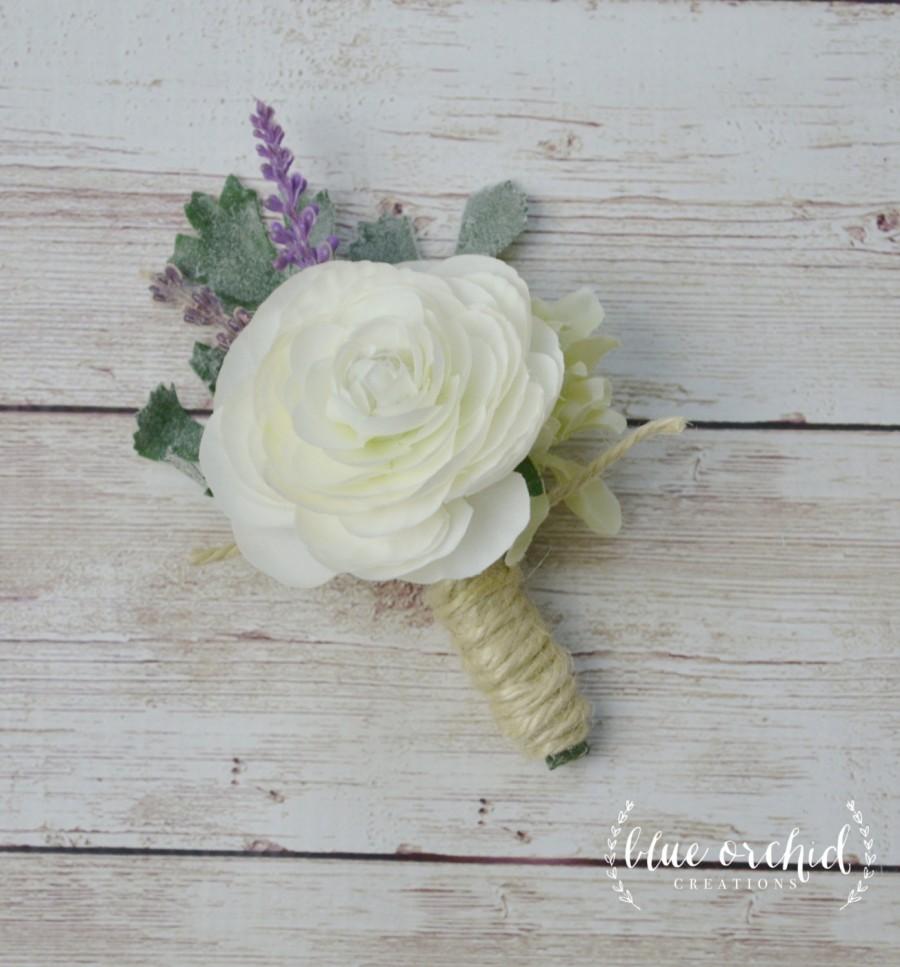 Wedding - Rustic Wildflower Boutonniere with Lavender and Ranunculus, Rustic Boutonniere, Lavender Boutonniere, Boutonniere, Silk Bout, Button Hole