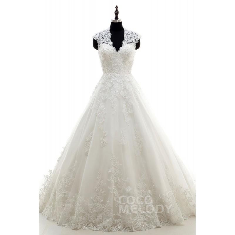 Свадьба - Modern A-Line Queen Anne Natural Court Train Tulle Ivory Sleeveless Key Hole Wedding Dress with Appliques - Top Designer Wedding Online-Shop