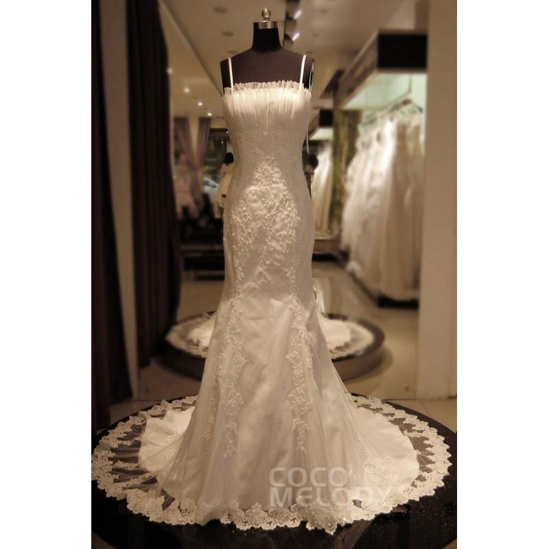 Свадьба - Glamour Trumpet-Mermaid Spaghetti Strap Chapel Train Lace Ivory Sleeveless Zipper Wedding Dress with Appliques - Top Designer Wedding Online-Shop