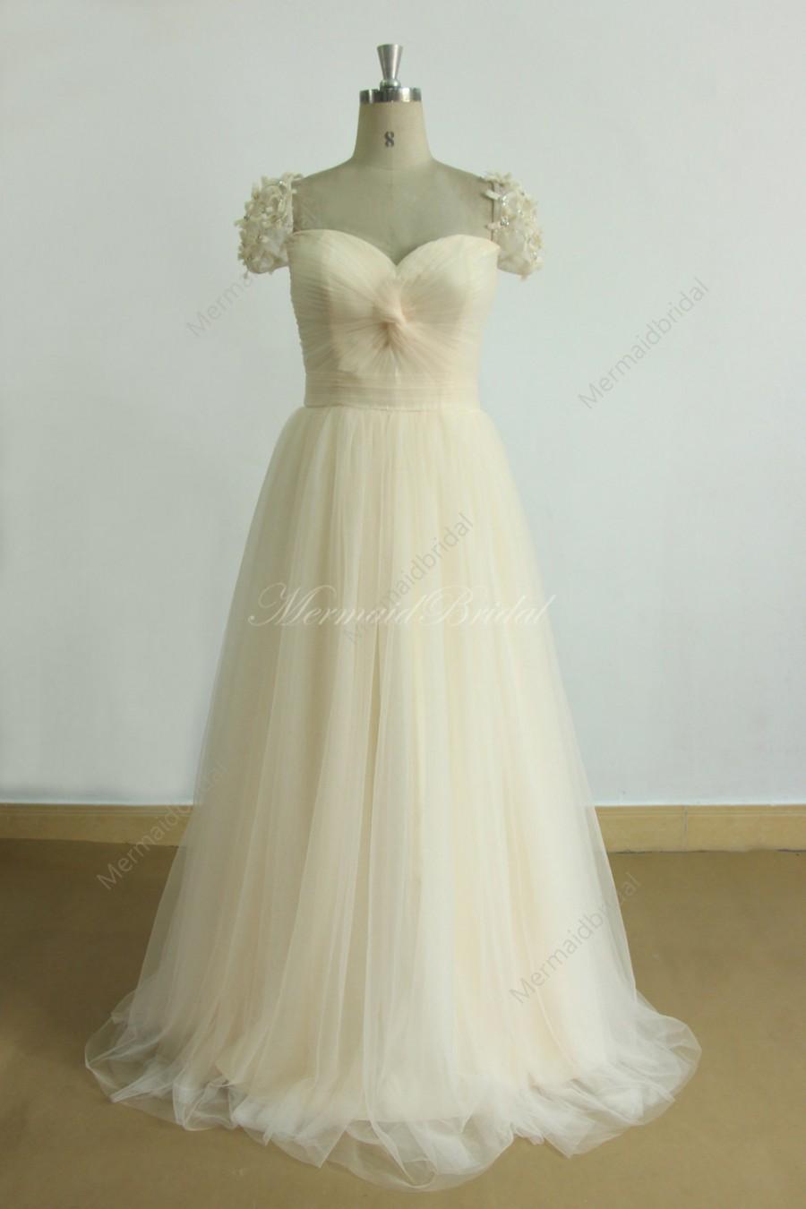 Wedding - Cream/light champagne a line tulle wedding dress with cap sleeves