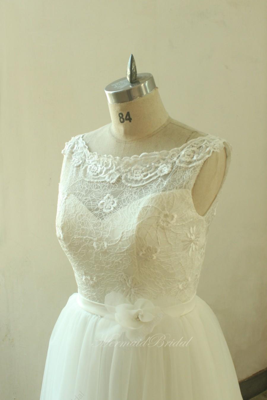 Hochzeit - Elegant Aline tulle lace wedding dress wth ellusion neckline