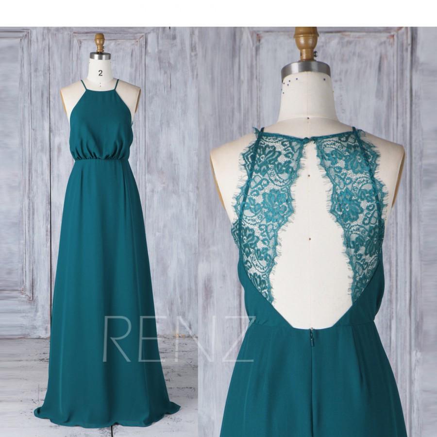 Wedding - Bridesmaid Dress Forest Green Halter Straps Chiffon Wedding Dress,Illusion Lace Open Back Long Prom Dress,A line Loose Dress (L341)