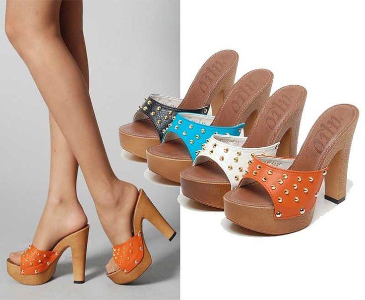 زفاف - Starfashion Womens Gold Spike Studded Platform High Heels Sandals Mules Slippers