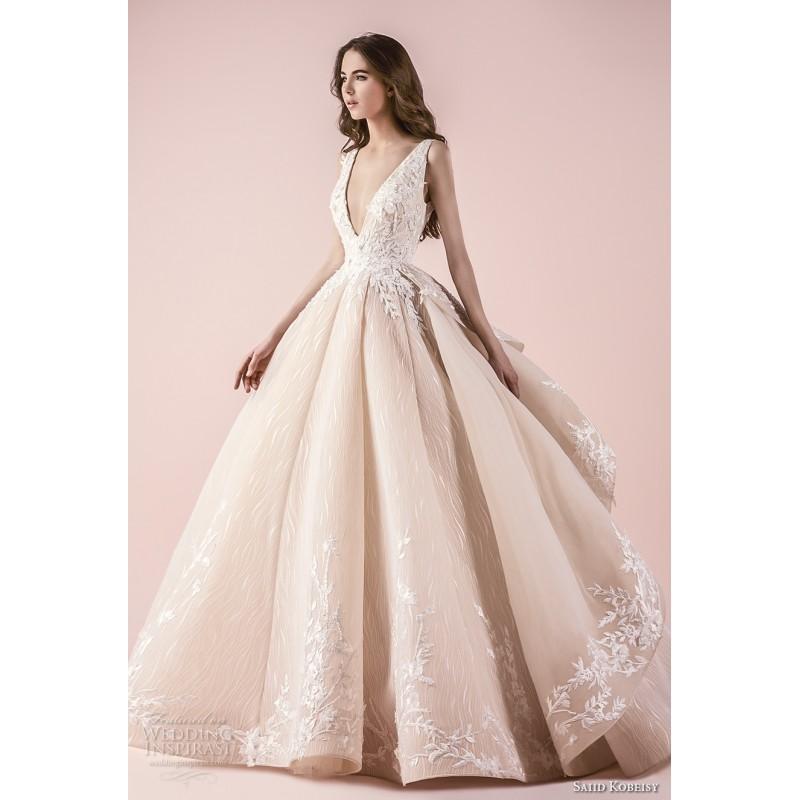 Mariage - Saiid Kobeisy 2018 3258 Sweet Tulle Fall Ball Gown Embroidery Chapel Train Champagne Sleeveless V-Neck Hall Dress For Bride - Rosy Bridesmaid Dresses