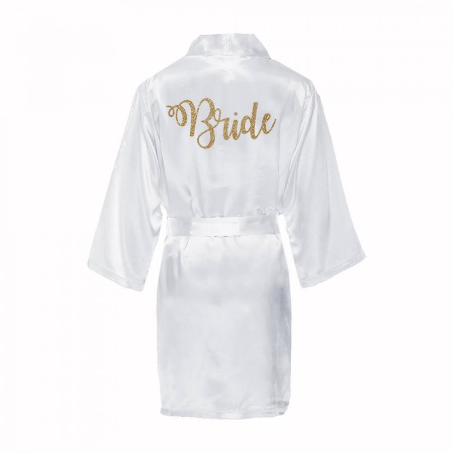 Mariage - Satin Bridal Robe with gold glitter, Satin Bride Robe, White satin bride robe, gold glitter bride robe, wedding day robe, bridal kimono robe