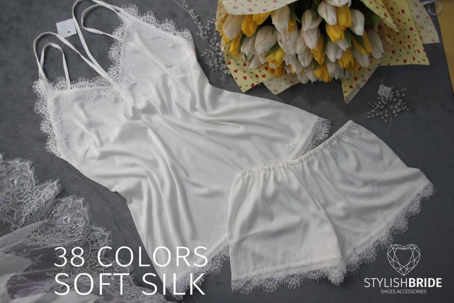 Свадьба - Wedding pajamas lace silk set, pajama set bridal, wedding lingerie, bride silk lace top and shorts, silk lace camisole, bridesmaid pajama