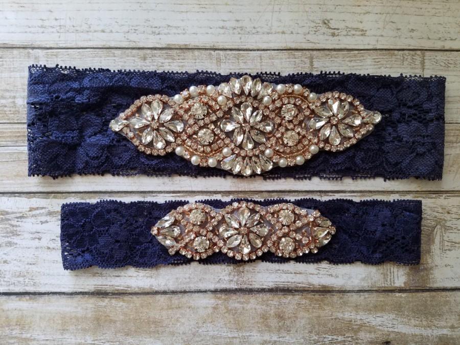 Wedding - Sale -Wedding Garter and Toss Garter-Crystal Rhinestone with Rose Gold Details - Navy Blue Lace - Style G20903RGNV