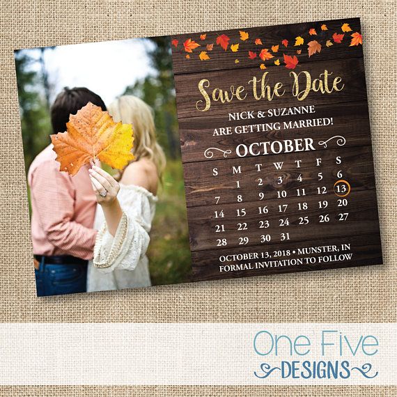 Mariage - Fall Rustic Wedding Save The Date, Autumn Leaves, Calendar, Country Chic - Printable (5X7)