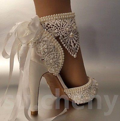 su.cheny 3"4"heel satin white ivory lace flower peep toe Wedding shoes size 5-11 