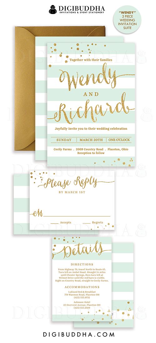 Mariage - MINT & GOLD WEDDING Invitation Glitter Confetti 3 Pc Suite RSvP Enclosure Card Mint Green Stripe Invite Free Shipping O DiY Printable- Wendy