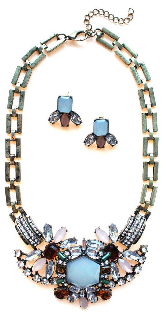 زفاف - Luxe Crystal Compilation Statement Necklace Set- Sky Blue
