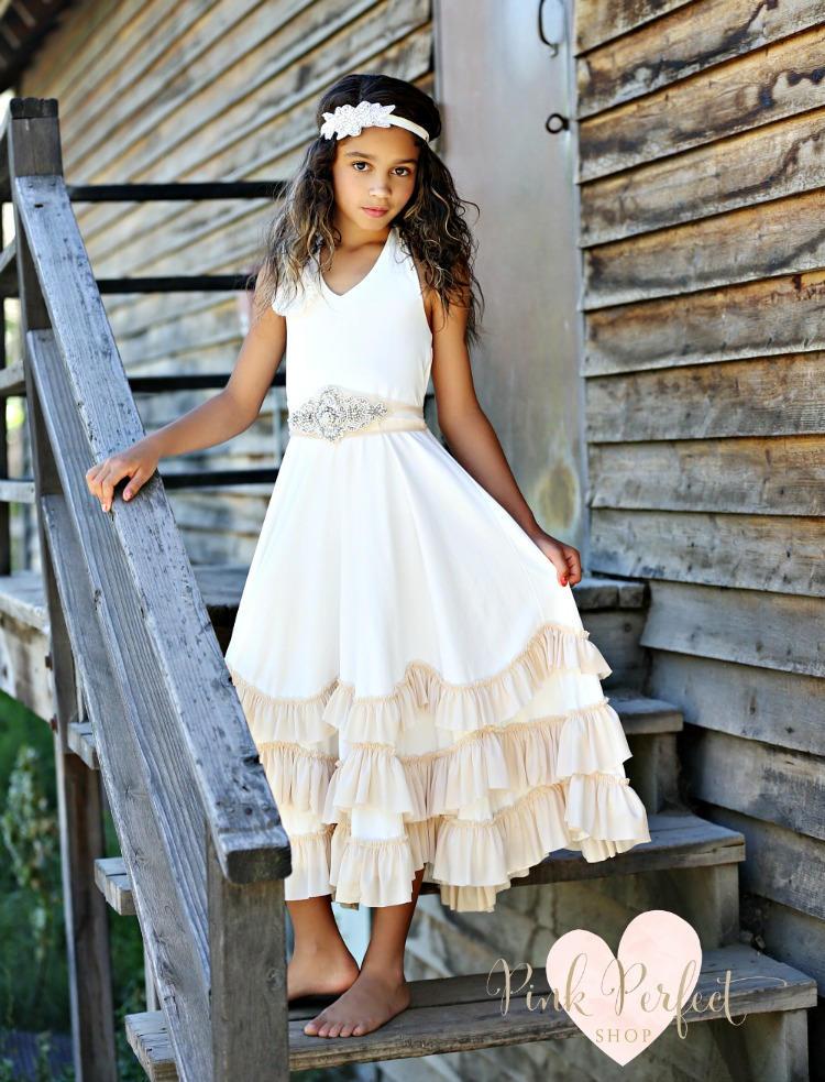 Wedding - beach flower girl dress, junior bridesmaid dress, rustic flower girl, bohemian flower girl dress, country flower girl dress,girls maxi dress