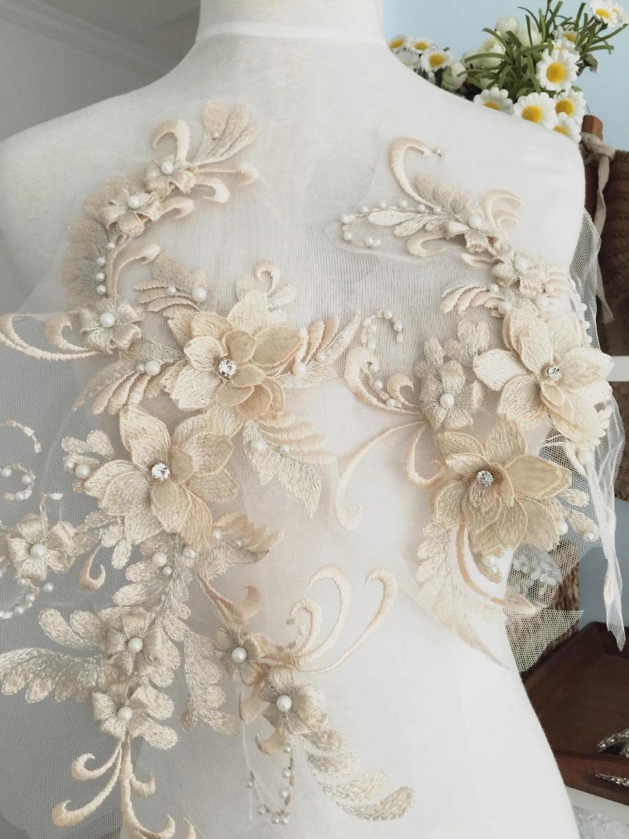 زفاف - 3D pearl and rhinestone beaded lace applique set in champagne, wedding gown bridal dress dance costumes hem veil bodice applique