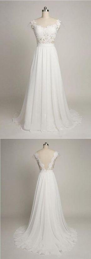 Wedding - A-Line Boat Neck Cap Sleeves Sweep Train White Chiffon Wedding Dress With Lace
