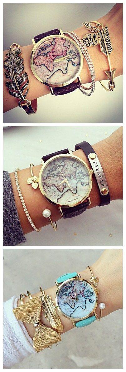 زفاف - Unisex World Map Style Watch/Vintage World Map Strap Watch Women's Premium Faux Leather Wristwatch Cool Watches Unique Watches Fashion Watch