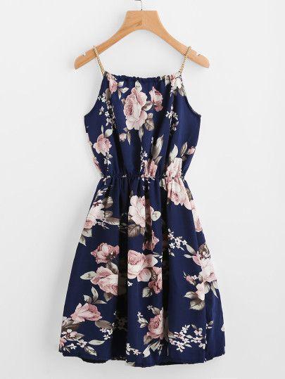زفاف - Braided Bead Strap Tie Front Flower Print Dress