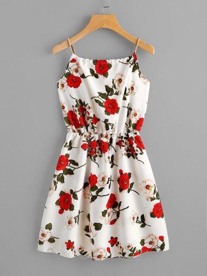 Mariage - Floral Print Random Self Tie Cami Dress
