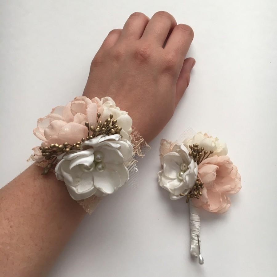 زفاف - Peach and Cream and Gold - Choose Your Pieces - Wrist Corsage and Boutonnière Set - Fabric Flowers - Prom - Homecoming - Wedding, Bridesmaid