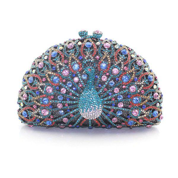 زفاف - Elegant Diamante Crystal Rhinestone-Accent Jewel Peacock Ladies Evening Clutch Purse 16 Colors