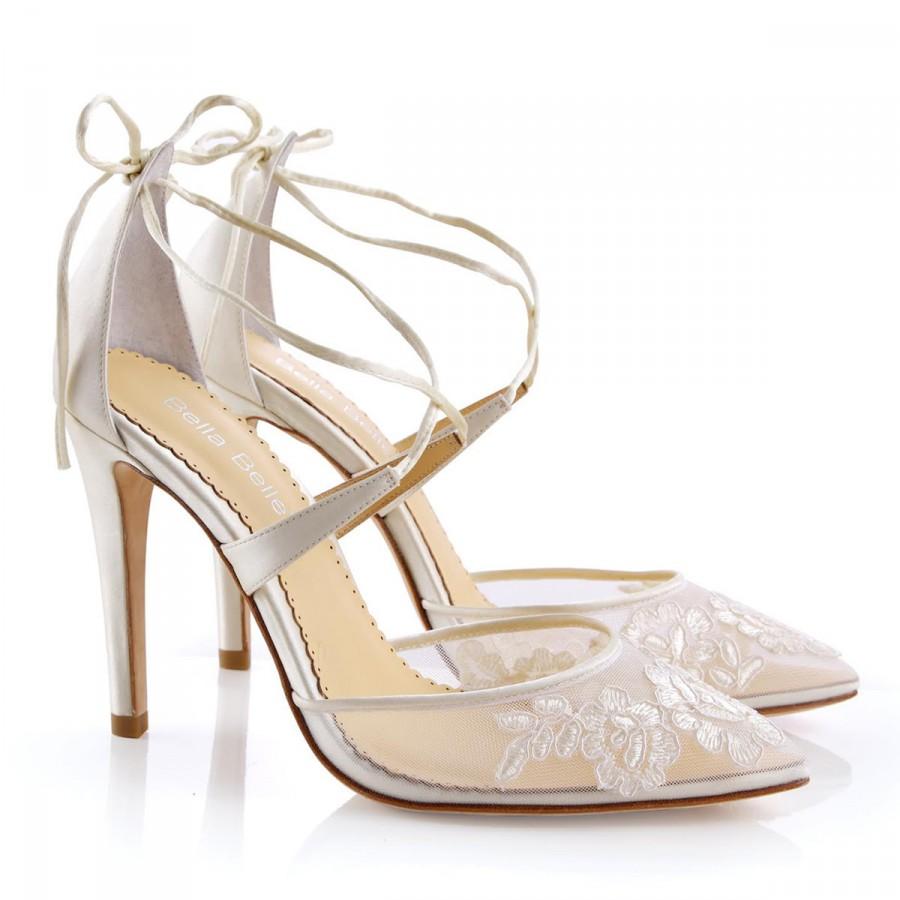زفاف - Alencon lace ivory wedding shoes heels with ankle straps. classic lace wedding heels Bella Belle Anita