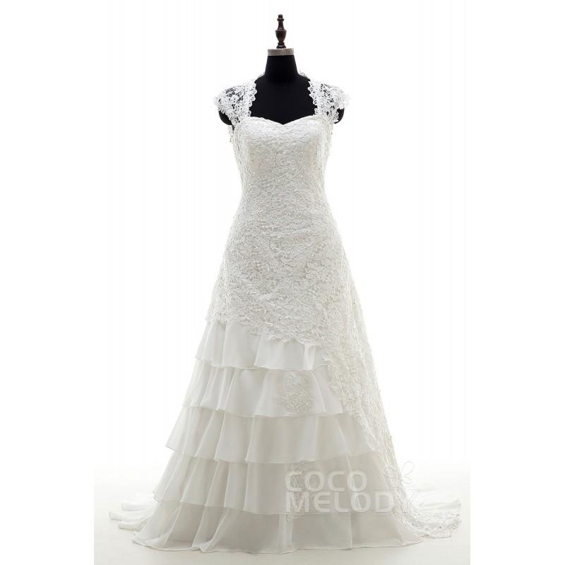 Свадьба - Stylish A-Line Sweetheart Natural Court Train Lace Ivory Sleeveless Lace Up-Corset Wedding Dress Beading - Top Designer Wedding Online-Shop
