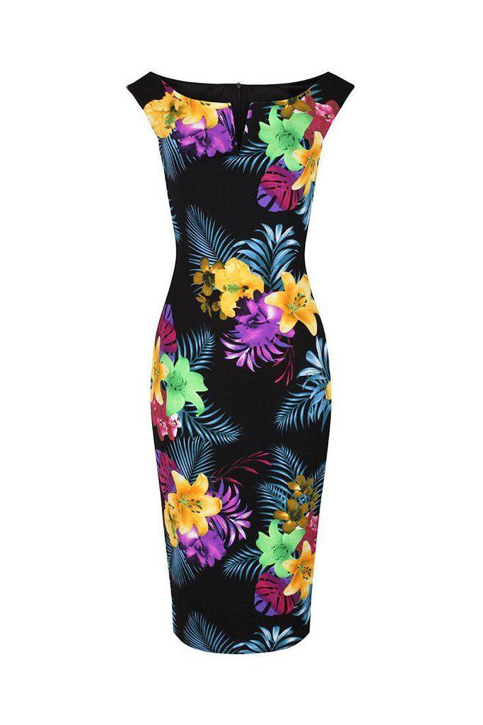 زفاف - Black And Multi Colour Floral Print Bardot Bodycon Pencil Dress