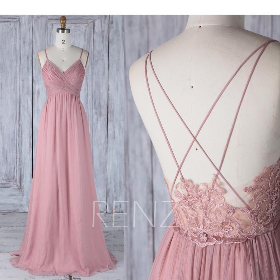 Mariage - Bridesmaid Dress Dusty Rose V Neck Wedding Dress,Spaghetti Straps Long Prom Dress,Illusion Lace Low Back Evening Dress Full Length(H497)